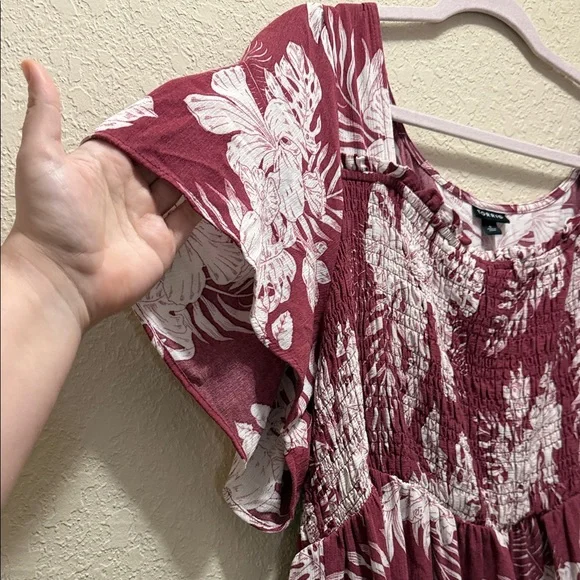 TORRID - Neon Tropics Maroon Babydoll Washable Gauze Smocked Tiered Top - Picture 5 of 7